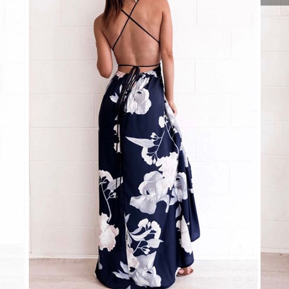 V-Neck Backless High Slit Floral Dress
